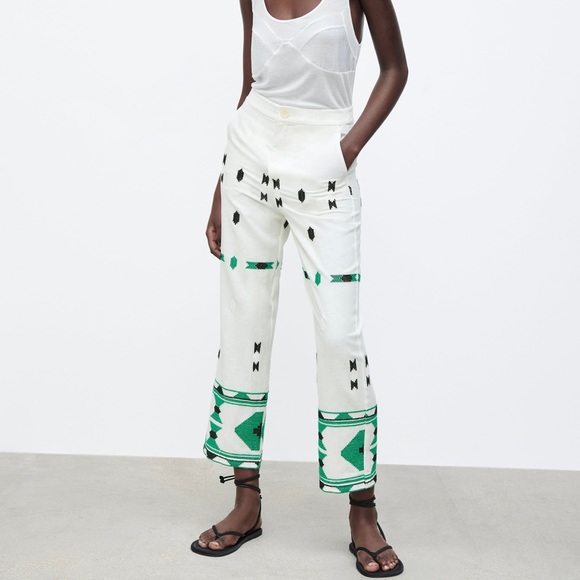 ZARA Embroidered White Linen Pants Size M, NWT - Picture 2 of 9